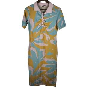 ZARA Floral Print Polo Midi Dress Pink Blue Yellow Bodycon Size M